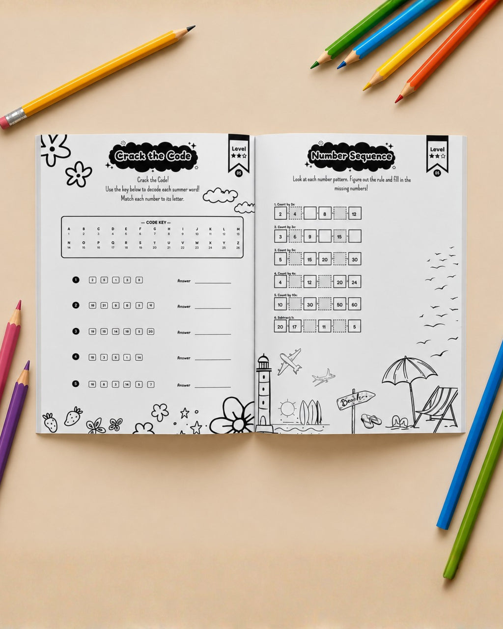 Open kids puzzle book with a Crack the Code page using a number to letter key, and a Number Sequence page with counting and subtraction patterns to complete