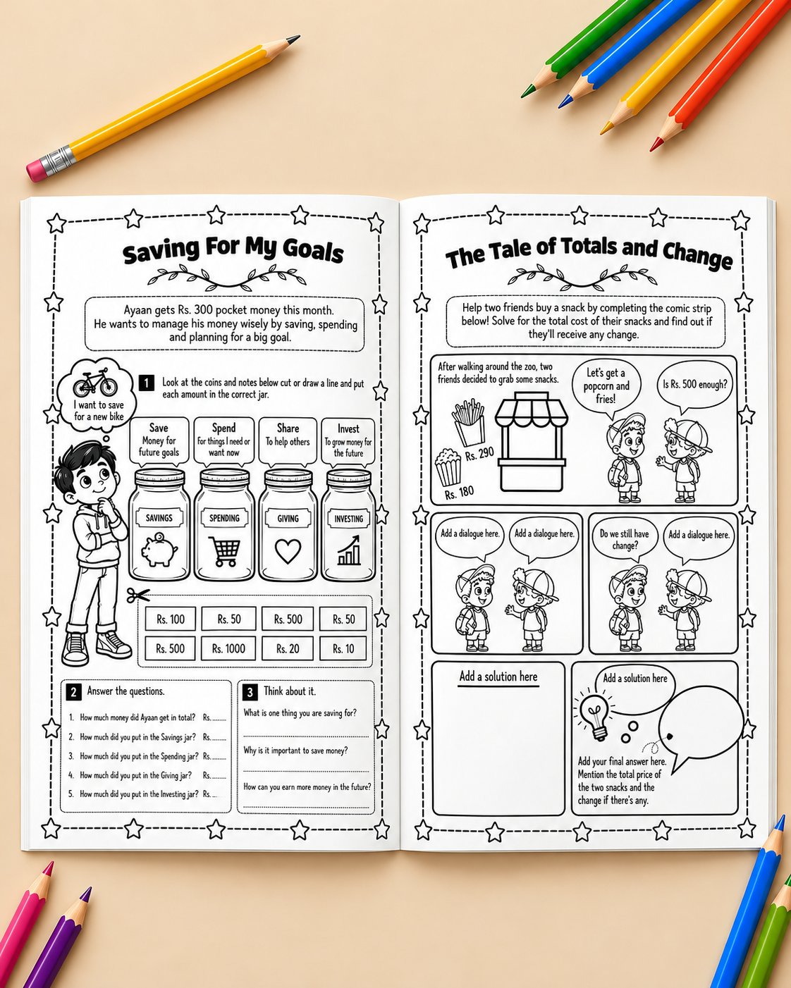 Open kids money activity book showing the Saving For My Goals page with Save, Spend, Share and Invest jars