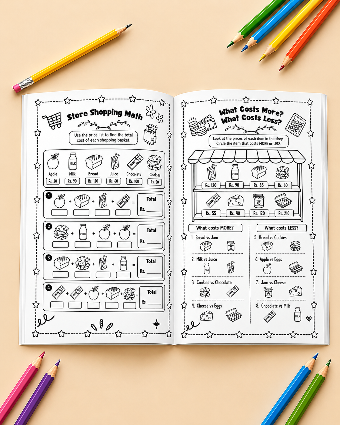 Kids activity book open to Store Shopping Math and What Costs More or Less