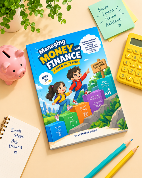 Cover of Managing Money and Finance, a kids activity book for ages 8+