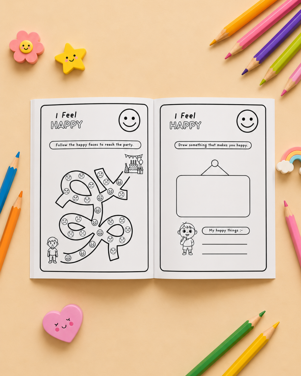 An open children's activity workbook on a warm beige background, surrounded by colorful pencils, a smiling flower eraser, a star eraser, and a small rainbow charm. The workbook pages are black-and-white with activities reading 'I Feel HAPPY' and drawing spaces.