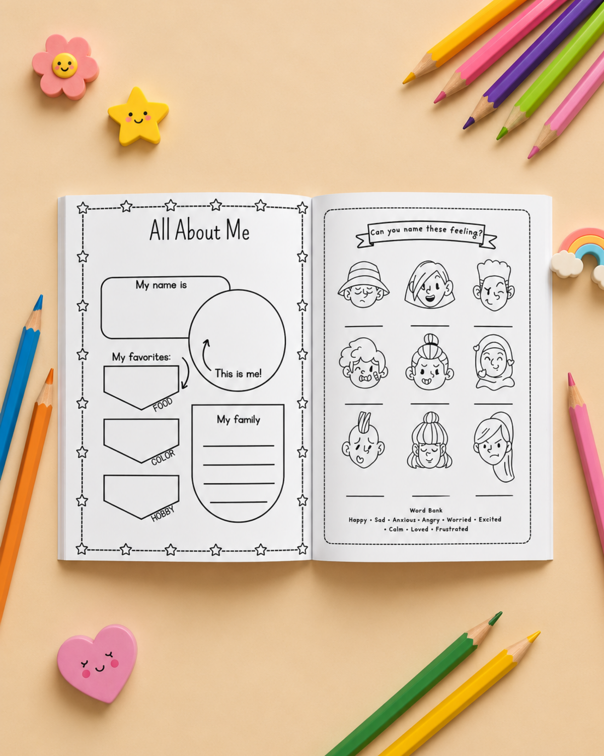 An open children's workbook. The left page has writing prompts such as 'All About Me,' 'My name is,' 'My favorite,' and 'This is my,' while the right page shows black-and-white cartoon faces and a 'How you feel today' banner.