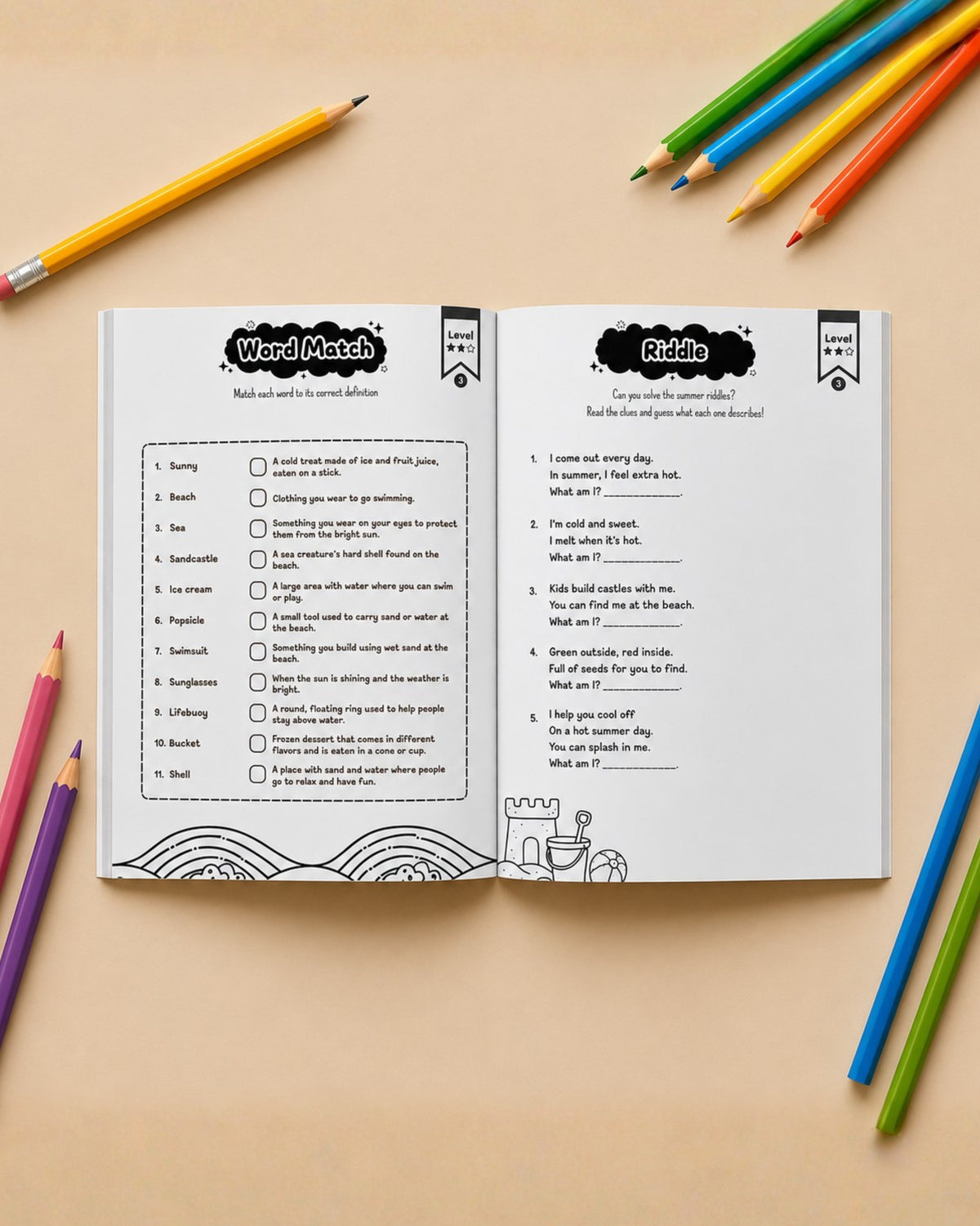Open kids puzzle book showing a Word Match page with summer words and definitions, and a Riddle page with five summer riddles, with colored pencils around it